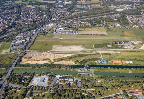 Aerial view, Hamm airfield, Mattenbecke sewage treatment plant, Lippe floodplain, Hamm lock, Lippe