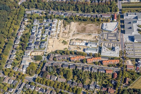 Aerial view, construction area SCI:Q Science Quarter Hamm, Paracelsuspark, Hamm-Lippstadt
