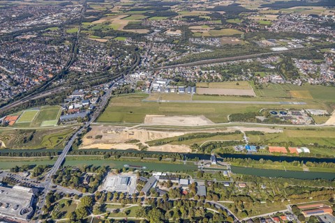 Aerial view, Hamm airfield, Mattenbecke sewage treatment plant, Lippe floodplain, Hamm lock, Lippe