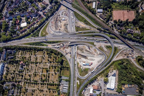 Aerial view, motorway junction Herne, new construction tunnel Baukau from the A43 to the A42,