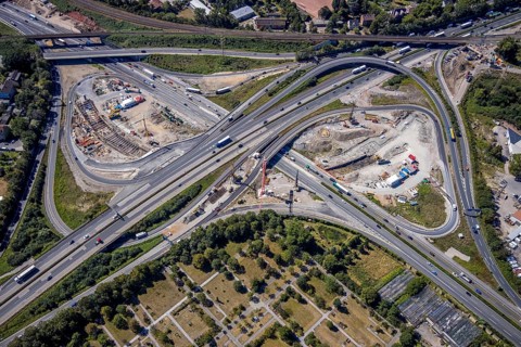 Aerial view, motorway junction Herne, new construction tunnel Baukau from the A43 to the A42,