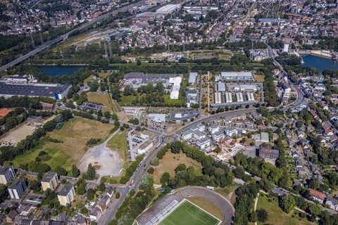 Aerial view, construction site Seniorcampus Herne - Protea wohnen am Schloss, real Arena, Sportclub