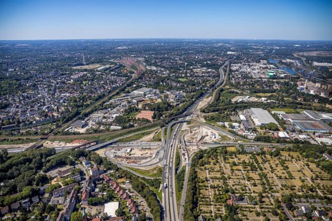 Aerial view, motorway junction Herne, new construction tunnel Baukau from the A43 to the A42,