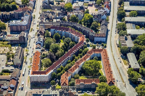 Aerial view, housing estate Goebenstraße, Herne, Ruhr area, North Rhine-Westphalia, Germany, DE,