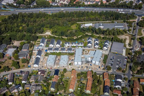 Aerial view, construction site, new housing estate Jürgens Hof, Am Fischergraben, Herne, Ruhr area,
