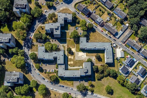 Aerial view, Emsring residential area, high-rise buildings, Herne, Ruhr area, North