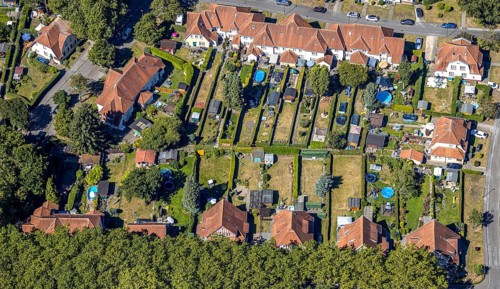 Aerial view, Teutoburgia housing estate with swimming pools in the back gardens, pools, garden