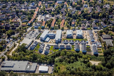 Aerial view, construction site, new housing estate Jürgens Hof, Am Fischergraben, Herne, Ruhr area,