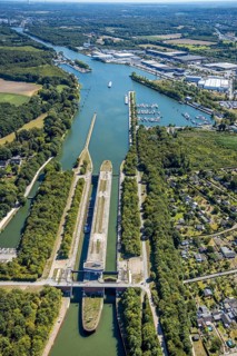Aerial view, Herne East Lock, Friedrich der Große Industrial Estate, Boats on the jetty,