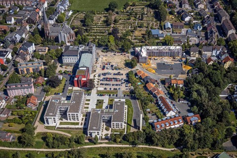Aerial view, construction site Widumer Höfe, the future retirement home of the St Elisabeth Group,