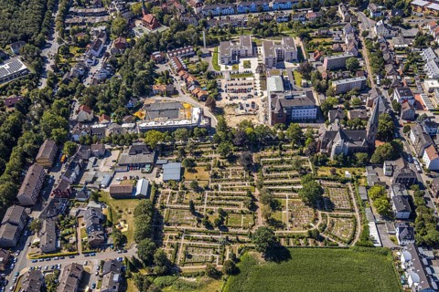 Aerial view, construction site Widumer Höfe, the future retirement home of the St Elisabeth Group,