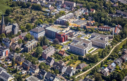 Aerial view, construction site Widumer Höfe, the future retirement home of the St Elisabeth Group,