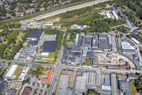 Aerial view, industrial area Am Trimbuschhof, Werkshallenstraße, location for new fire station,