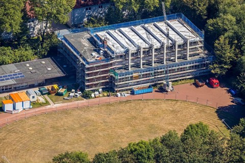 Aerial view, Otto-cock-Gymnasium Herne, construction site indoor swimming pool, Herne, Ruhr area,