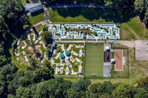 Aerial view, minigolf course MGC Rot-Weiß Wanne-Eickel, Herne, Ruhr area, North Rhine-Westphalia,