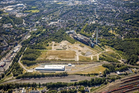 Aerial view, construction site new Stadler Schienenfahrzeuge branch, former General Blumenthal mine