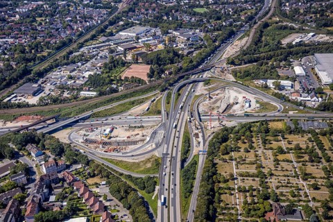 Aerial view, motorway junction Herne, new construction tunnel Baukau from the A43 to the A42,