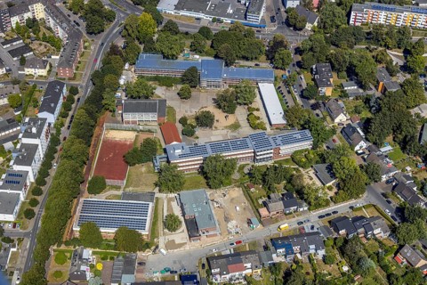 Aerial view, construction site renovation, Kolibri-Schule, sports hall Flottmannstraße, Herne, Ruhr