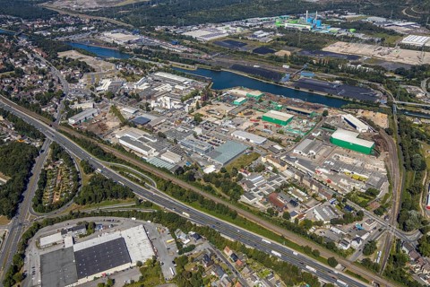 Aerial view, industrial area Heerstraße, Rhine-Herne-Canal, Old Lock Wanne-Eickel, Herne, Ruhr
