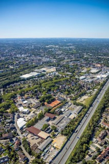 Aerial view, commercial area Kanalstraße, catholic church St. Josef, Roonstraße, view of Herne,