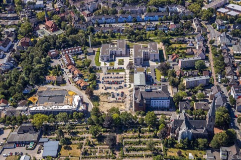 Aerial view, construction site Widumer Höfe, the future retirement home of the St Elisabeth Group,