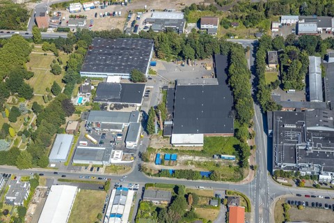 Aerial view, industrial area Am Trimbuschhof, Werkshallenstraße, location for new fire station,