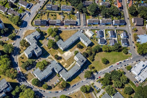 Aerial view, Emsring residential area, high-rise buildings, Herne, Ruhr area, North