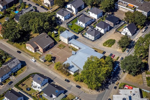 Aerial view, catholic church St. Pius, construction site new building, Herne, Ruhr area, North