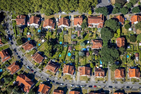 Aerial view, Teutoburgia housing estate with swimming pools in the back gardens, pools, garden