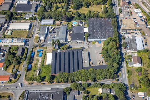 Aerial view, industrial area Am Trimbuschhof, Werkshallenstraße, location for new fire station,