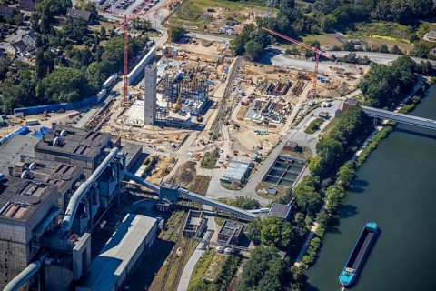 Aerial view, STEAG cogeneration plant Herne, construction site for a gas and steam power plant,