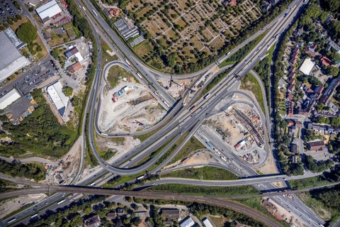 Aerial view, motorway junction Herne, new construction tunnel Baukau from the A43 to the A42,