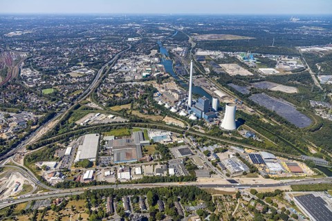 Aerial view, STEAG cogeneration plant Herne, Rhine-Herne-Canal, river Emscher, industrial area