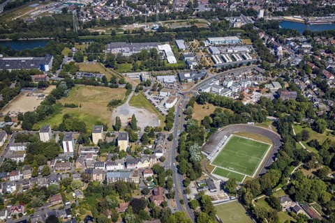 Aerial view, construction site Seniorcampus Herne - Protea wohnen am Schloss, real Arena, Sportclub
