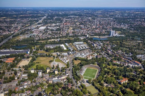 Aerial view, construction site Seniorcampus Herne - Protea wohnen am Schloss, real Arena, Sportclub