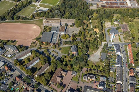 Aerial photo, Galilei-Gymnasium, Adolf-Brühl-Stadion, Kirche Maria Königin, Hamm, Ruhr area, North
