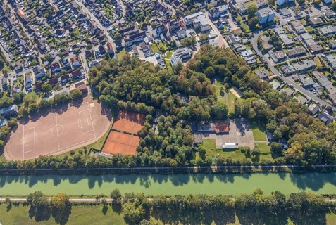 Aerial view, forest canal dump and old landfill, Haus Maximilian nursing home, Datteln-Hamm canal,