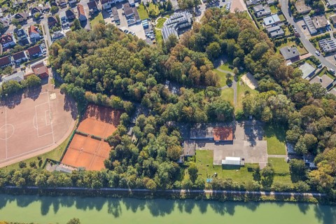 Aerial view, forest canal dump and old landfill, Haus Maximilian nursing home, Datteln-Hamm canal,
