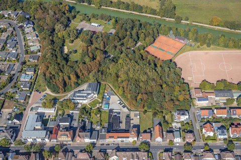 Aerial view, forest canal dump and old landfill, Haus Maximilian nursing home, Datteln-Hamm canal,