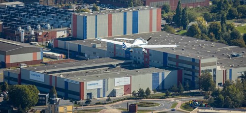 Aerial photo, voestalpine Böhler Welding Deutschland GmbH, aeroplane in the air, Hamm, Ruhr area,