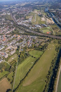 Aerial photograph, Hamm airfield, Mattenbecke sewage treatment plant, Lippe floodplain, River