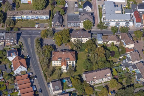 Aerial view, youth café Werries and district centre Uentrop, Werries, Hamm, Ruhr area, North