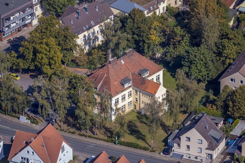Aerial view, youth café Werries and district centre Uentrop, Werries, Hamm, Ruhr area, North