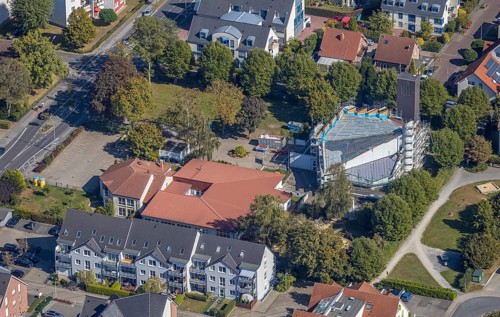 Aerial view, construction site church St. Bonifatius, Catholic parish St. Bonifatius, Werries,