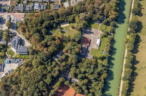 Aerial view, forest canal dump and old landfill, Haus Maximilian nursing home, Werries, Hamm, Ruhr