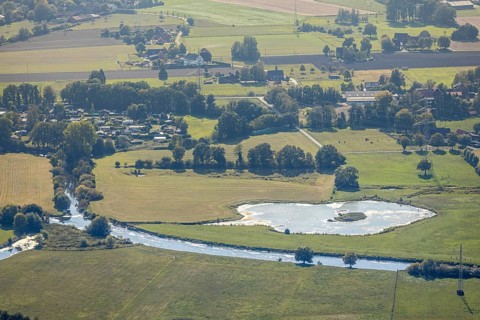 Aerial view, nature reserve Heidemühle, river Lippe, pond with island, Hamm, Ruhr area, North