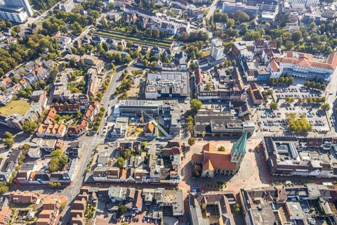 Aerial view, Widumstraße construction site, demolition for new WA office building, Radio Hamm