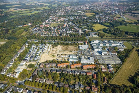 Aerial view, construction area SCI:Q Science Quarter Hamm, Paracelsuspark, Hamm-Lippstadt