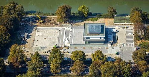 Aerial view, new water sports centre, Adenauerallee development area, at Hammonense grammar school,