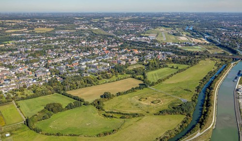 Aerial view, Lippe floodplain, Kornmersch, river Lippe, Datteln-Hamm canal, view over Hamm, Hamm,